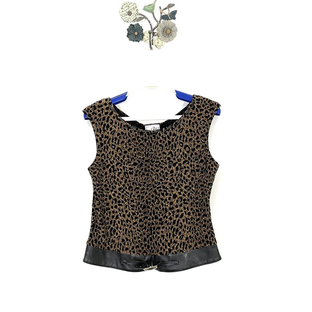 Joseph Ribkoff Leopard Animal Print Tank Top Shell Faux Leather Trim Size 10